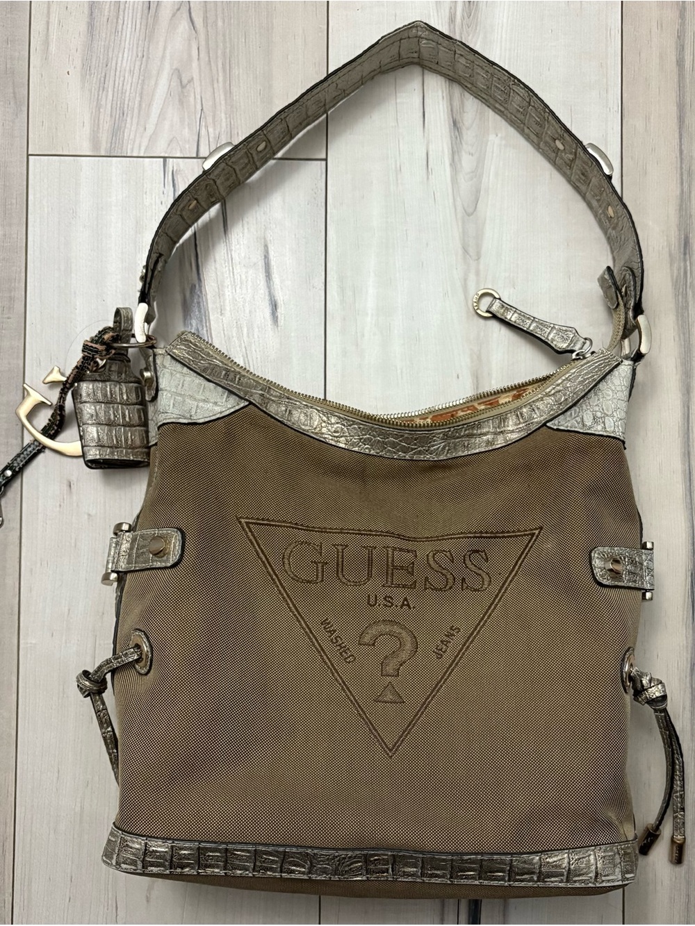 Guess Brown Canvas Hobo with Metallic Croc Trim